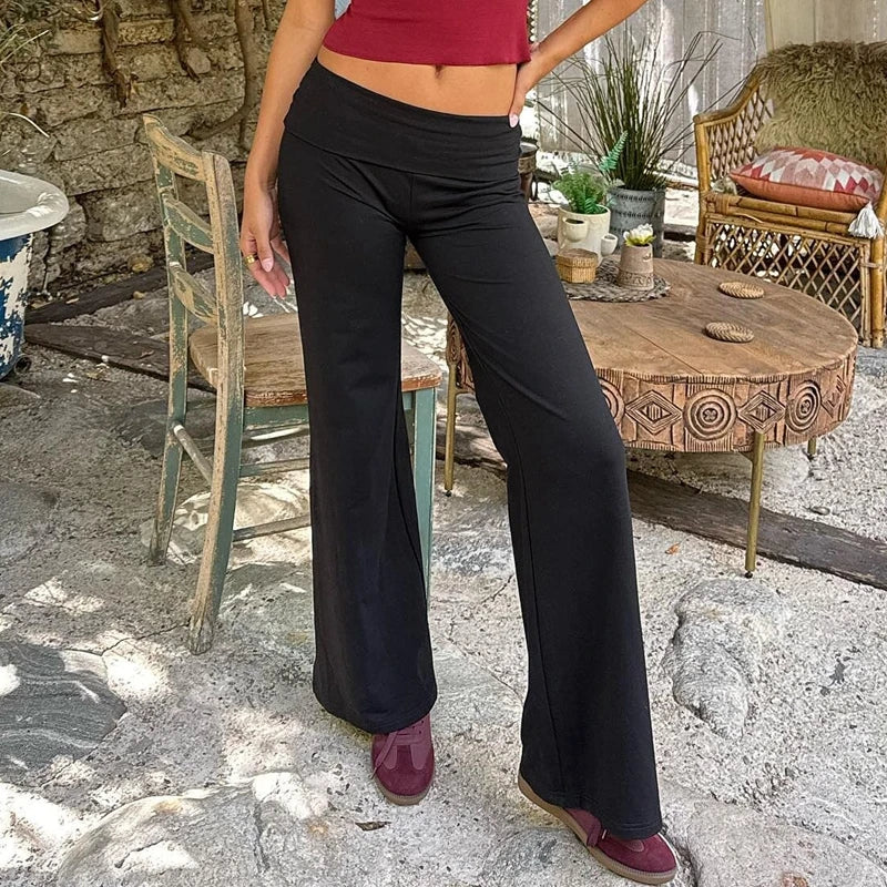 Women Casual Fold‑Over Waist Flare Pants Solid Stretchy Wide Leg Bell Trousers Daily Wear Lounge Y2K Loose Fit Sweat Pants