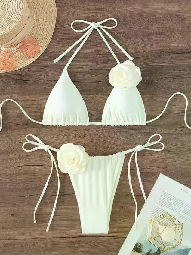 S - L Sexy 3D Flowers Halter Strappy Bikini, Swimwear Swimsuit Two-pieces Bikini Set Bather Bathing Suit Swim