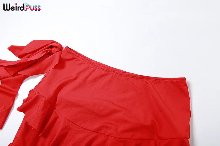 Weird Puss Women 2Piece Set Double-Deck Pleated Tassel Mini Skirt+Bandage Slim Tank Top Festival Party Sexy Matching Outfits