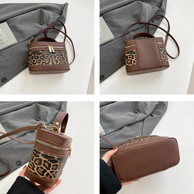 Fashion Round Bucket Bags For Women's Daily Used, Leopard Pattern Crossbody Shoulder Bag For Commuting, Casual Ladies Handbags