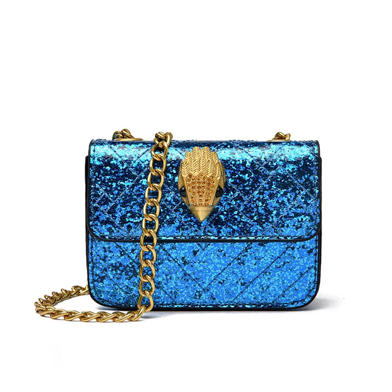 Multicolor Glitter Sequins V Diamond Quilted Mini Square Bag Ladies Eagle Head Lock Gold Metal Chain Crossbody Shoulder Handbag