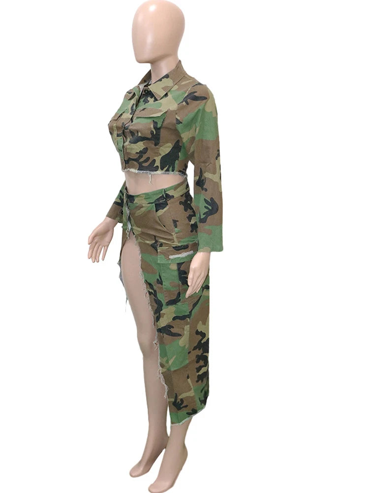 Kricesseen Fashion, 2 piece Button-Up Camouflage Green Jacket Top And High Slit Skirt Set 2 Piece Outfit Night Clubwear Overalls