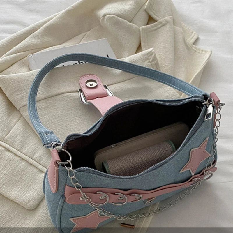 Fashion Women's Handbags Denim Stars Pattern Cool Girls Underarm Bag Female Small Shoulder Hobo Bags Chain Tote Bag
