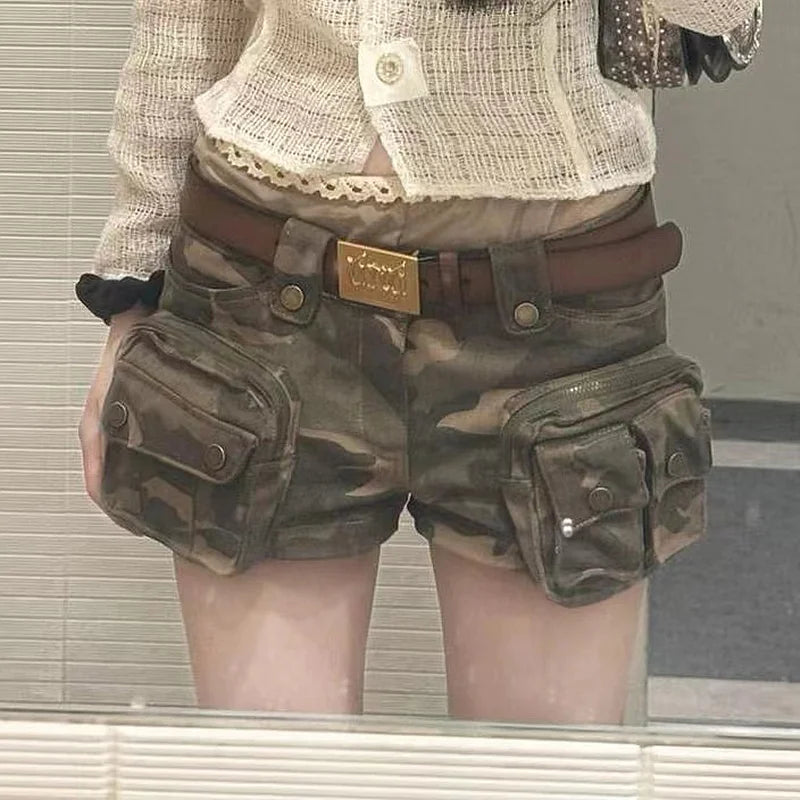 HLJ&GG Y2K Fashion Graphic Tshirts Two Piece Sets Women O Neck Short Sleeve Loose Top And Camouflage Pocket jeans Shorts Outfits