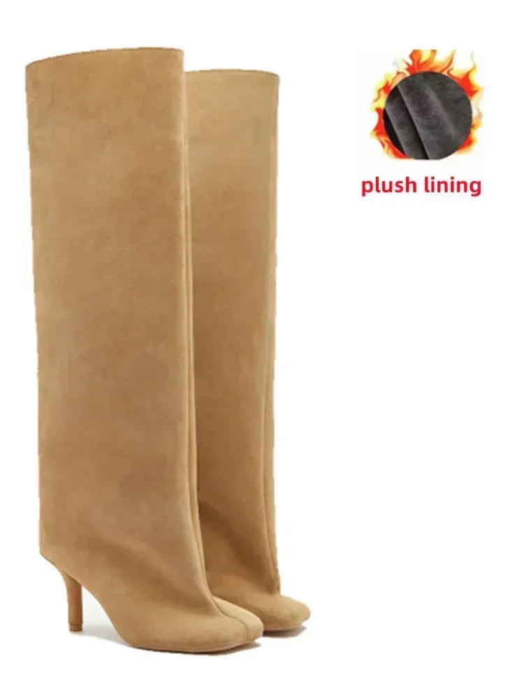 2025Autumn and Winter New 6cm Slim High Heels Knee High Women's Boots Round Toe Fashionable Women's Long Boots Knight Boots