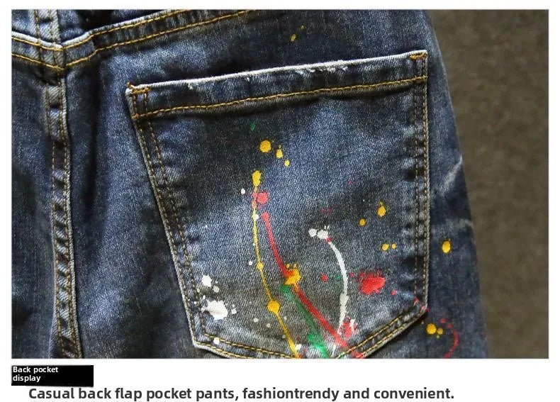 Spring Autumn Designer Clothes Men's Korean Stylish Slim Fit Jeans Fashion Trendy Painted Denim Pants Ink Stretch Skinny Pants