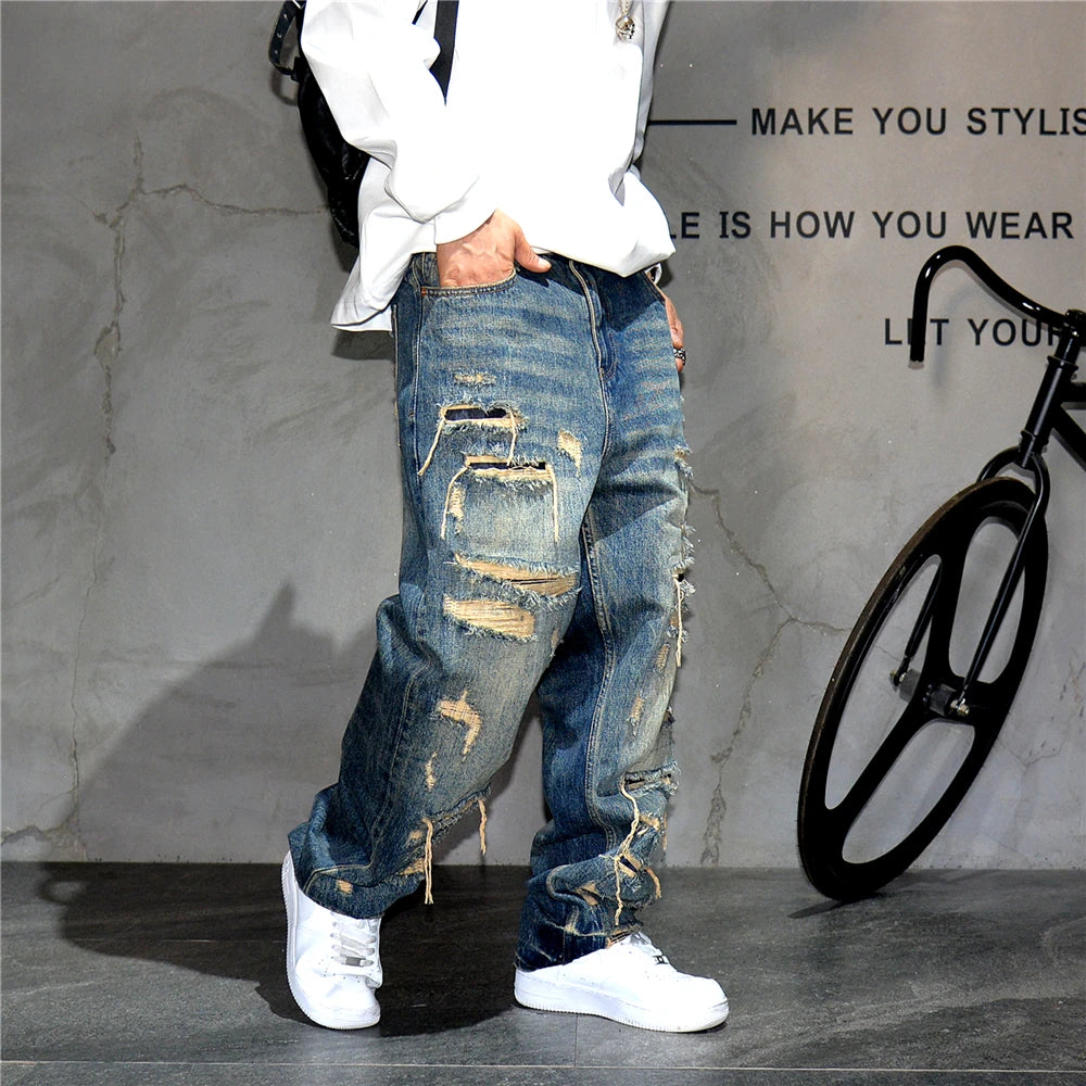 Ripped Baggy Jeans Distressed Denim Streetwear Skateboard Pants Straight Leg Patchwork Oversized Urban Fashion Workwear, men's jeans