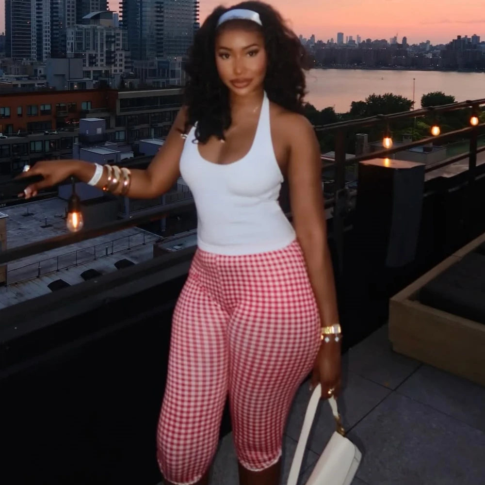 HLJ&GG Summer New Halter Tank Top Two Piece Sets Women Backless Slim Vest And Plaid Print Shorts Outfits Fashion 2pcs Streetwear