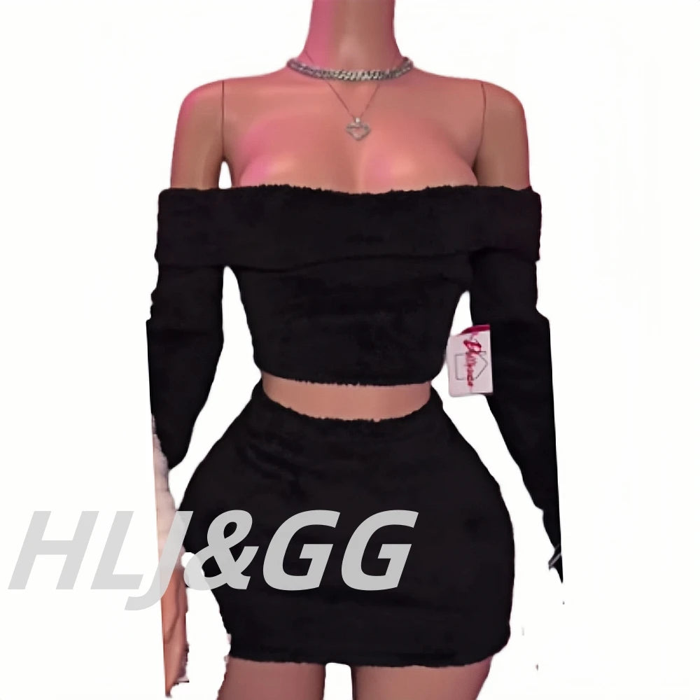 HLJ&GG Fashion Off Shoulder Fur Mini Skirts Two Piece Sets Women Long Sleeve Backless Slim Crop Top And Skirts Outfit Streetwear