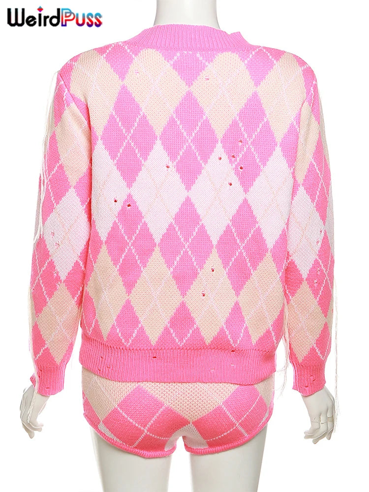 Weird Puss Sweater Women 2 Piece Set Hipster Tassel Plaid Cardigan Tops+Mini Shorts Stretch Autumn Trend Matching Street Outfits