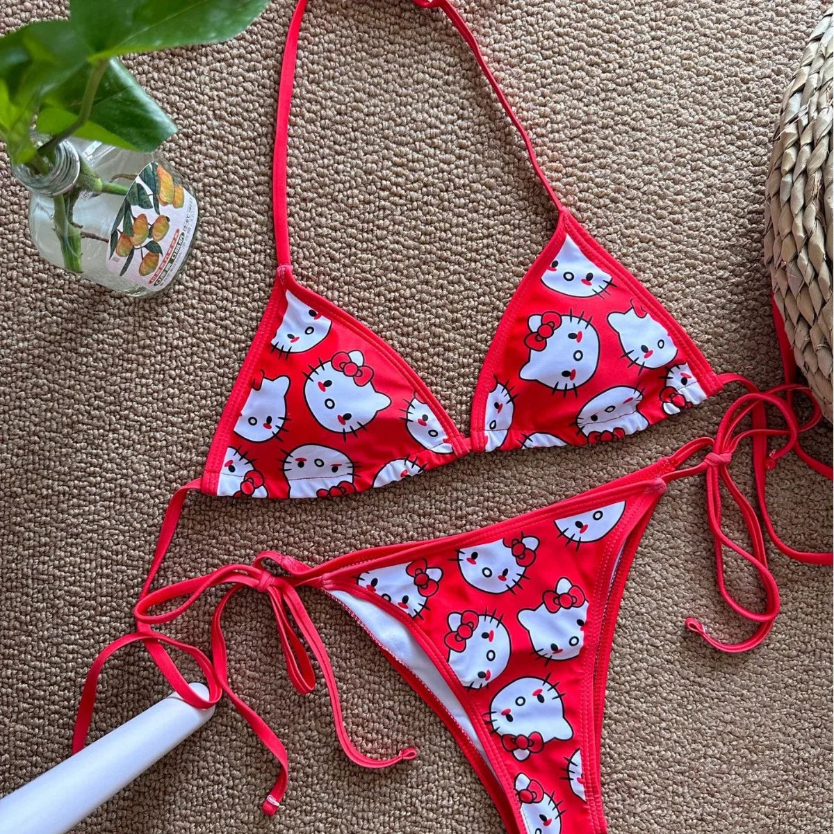 Sanrio Hello Kitty Kawaii Bikinis Set Cute Cartoon Anime Summer Beach Soft Side Strappy Panties Kawaii Swimsuit Sexy Bikini Y2k