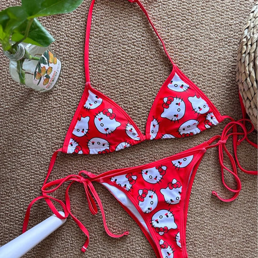 Sanrio Hello Kitty Kawaii Bikinis Set Cute Cartoon Anime Summer Beach Soft Side Strappy Panties Kawaii Swimsuit Sexy Bikini Y2k