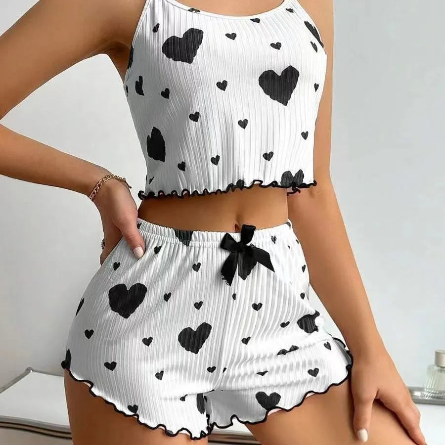 Cherry Temptation Home Love Print Flowing-Sleeve Short Pants for Casual Wearing, Women's Sleepwear Set