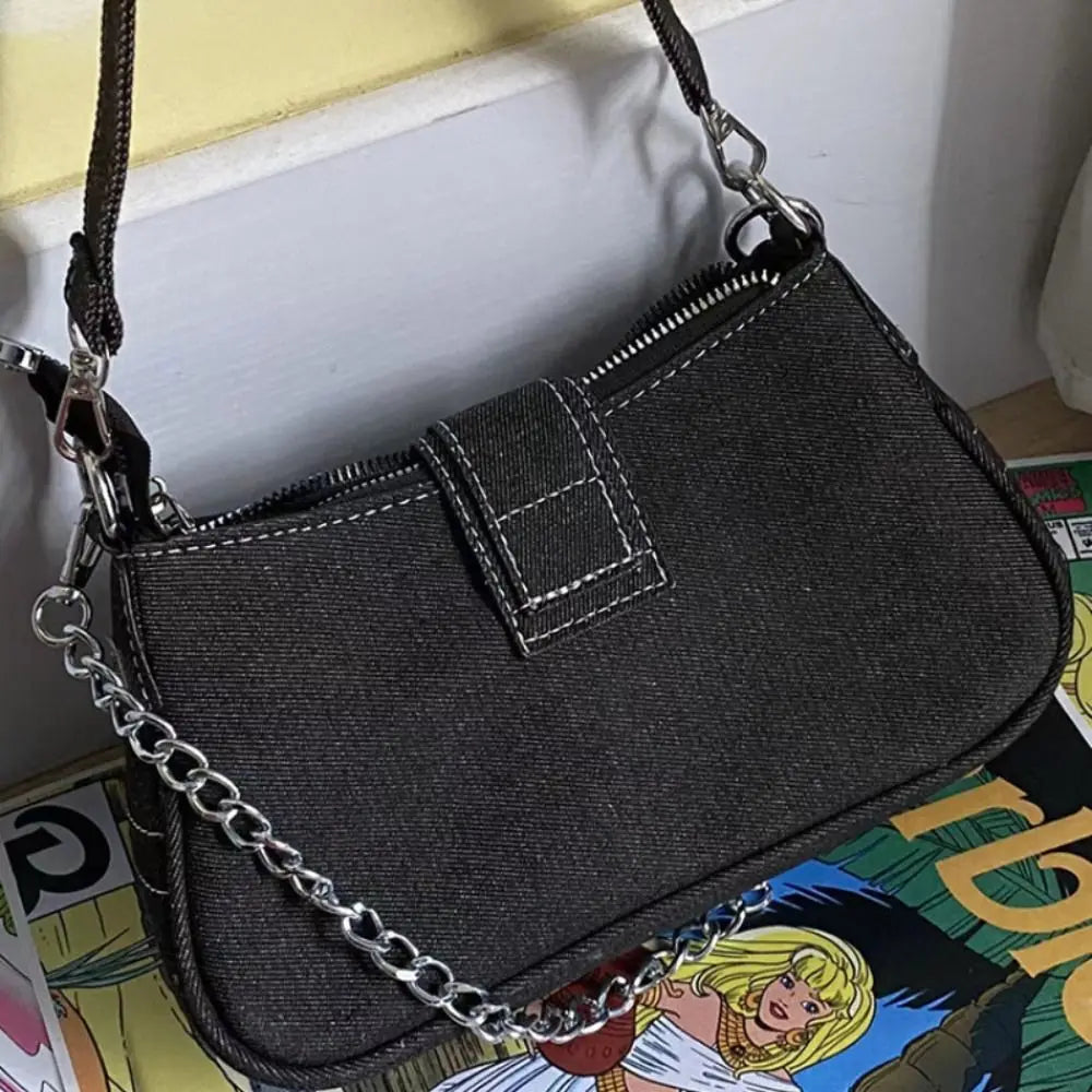 Y2K Canvas Chain Shoulder Bag jeans Stars Pattern Underarm Bag Women's Handbag for Woman Girls