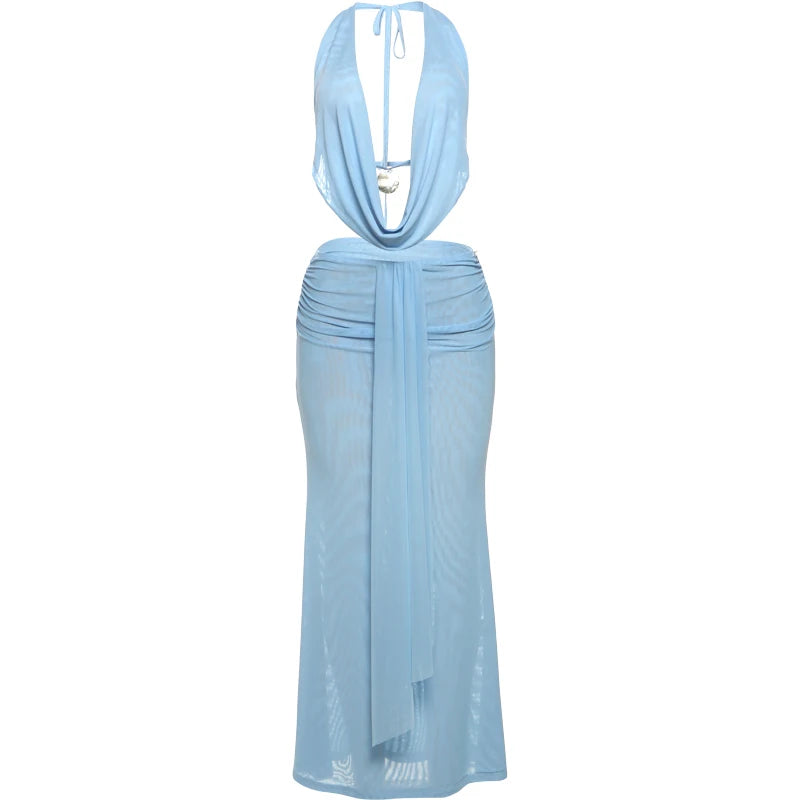 Weird Puss See Through Women 2 Piece Set Y2K Halter Swing Collar Seashell Tank Tops+Ruched Waist Maxi Skirts Midnight Clubwear