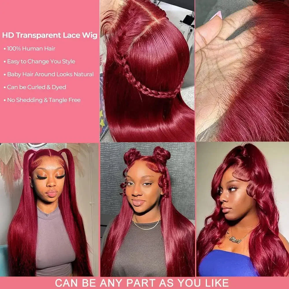 Burgundy 99J Lace Front Wig 13x4 13x6 HD Lace Frontal Wig Human Hair Pre Plucked Straight Red Colored Wig 4x4 5x5 Closure Wig