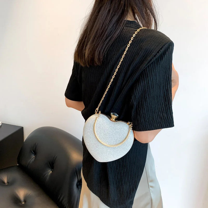 Evening Clutch Bag For Women Shiny Heart Shape Metal Clutch Chain Shoulder Purse