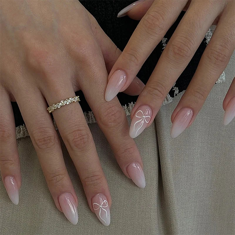White French Press on Nails 3D Bowknot Fake Nails Tips Full Cover Wearable False Nails for Women and Girls DIY 24Pcs
