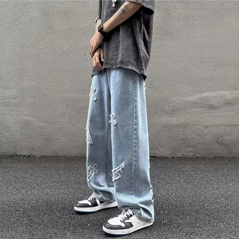 Straight Leg Denim Jeans Male New Fashion Casual Loose High Street Y2k Pants New Wide Leg Hip Hop Black Blue Pants