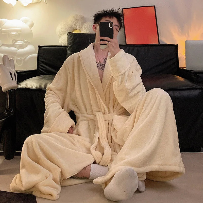 Large Size 150kg Men's Bathrobe Pajamas Winter Thickened Collar Fleece Long Hotel Nightgown Shawl  Sleepwear Long Spa Robe