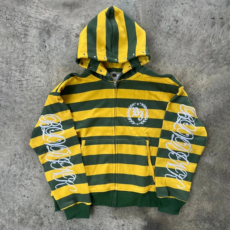 Y2K Retro Kid Zipper Hoodie Stripe Rivet Letter Embroidery Pattern Sweatshirt Men HipHop Fashion Streetwear Unisex Women Clothes