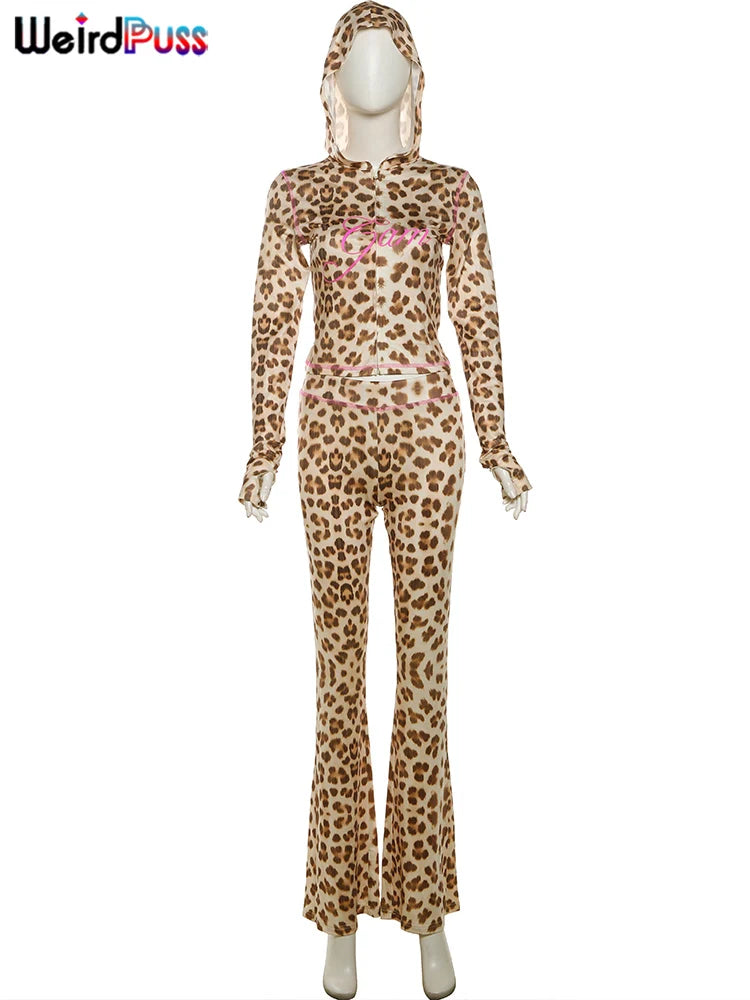 Weird Puss Leopard Letter Print 2 Piece Set Women Tracksuit Sporty Casual Hooded Crop Jacket+Flare Pants Stretch Matching Suits