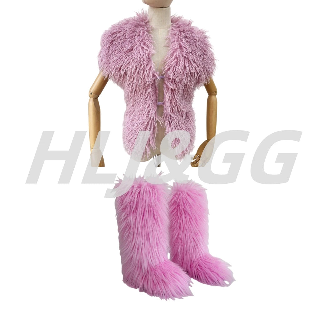 HLJ&GG Trend Y2K Two Piece Sets Women Fur Feather Halter Waistcoat Fashion Backless Lace Up Legs Cover Streetwear Clothing 2025