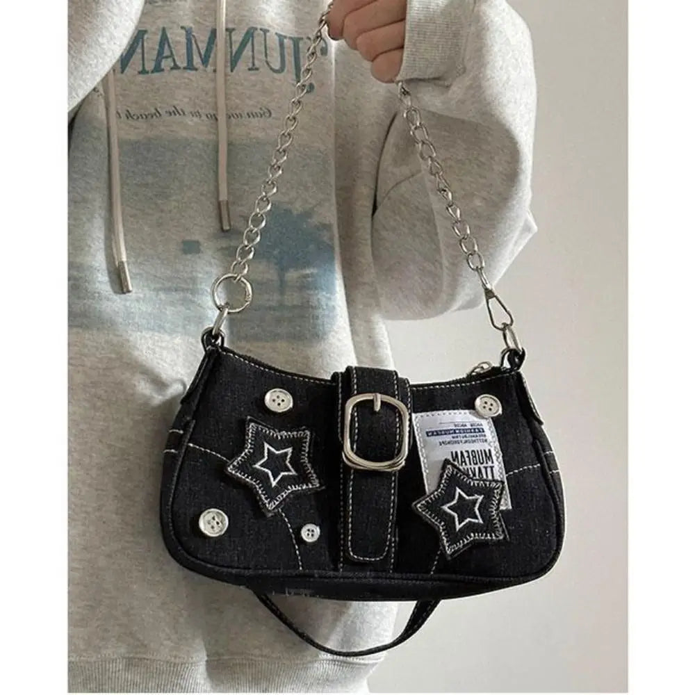 Y2K Canvas Chain Shoulder Bag jeans Stars Pattern Underarm Bag Women's Handbag for Woman Girls