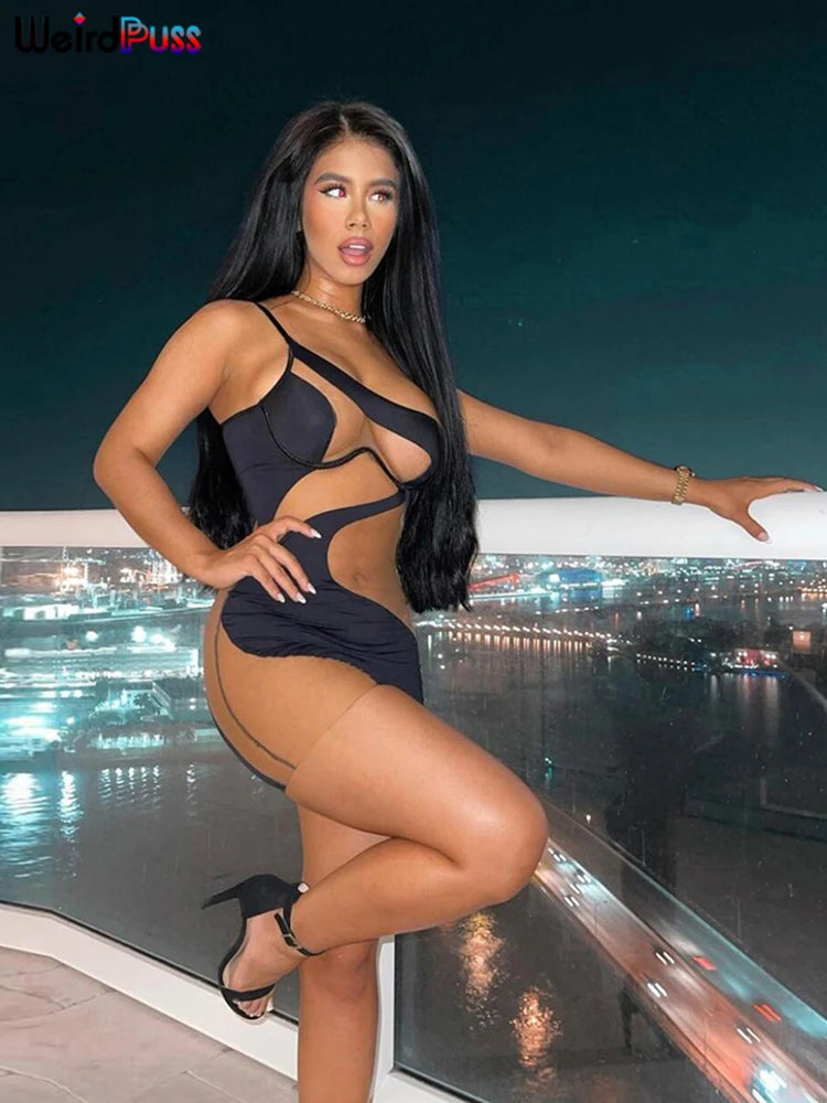 Weird Puss Beach Style Women Bikini 2 Piece Set Sexy Mesh Patchwork One Shoulder Bra Top+Bandage Briefs Vacation Trend Clubwear