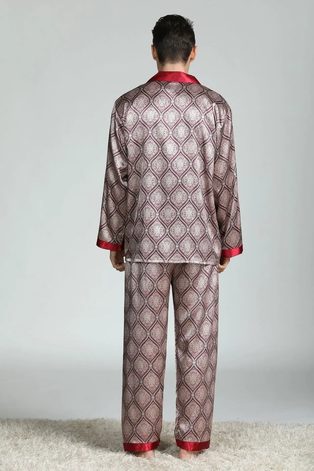 Silk Satin Pajamas for Men Sleepwear Cozy Soft Print Long Sleeve Nightgown Tops + Trousers Two Pieces Mens Pajama Set