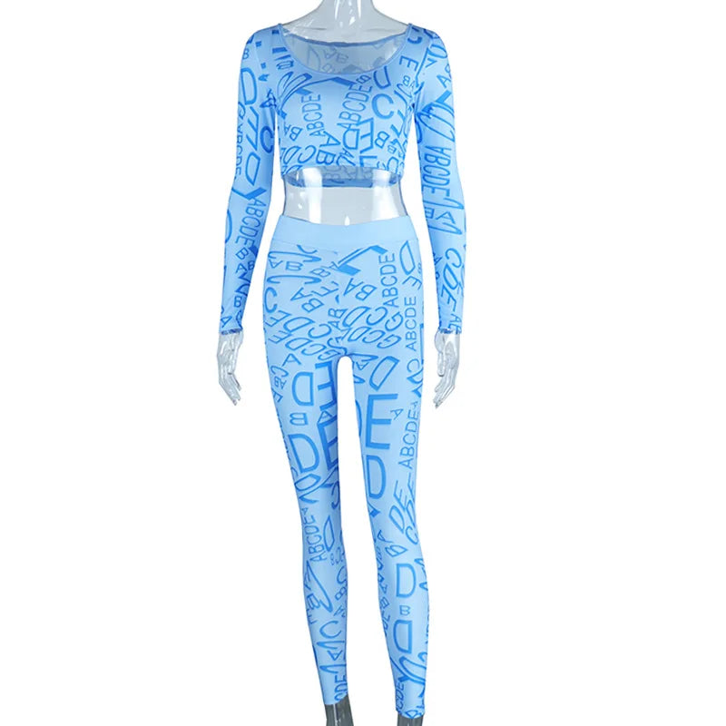 STYLISH LADY Letter Printed Sporty 2 Piece Set Women Long Sleeve Crop Top and Skinny Pant Suits 2025 Summer Sexy Street Outfits
