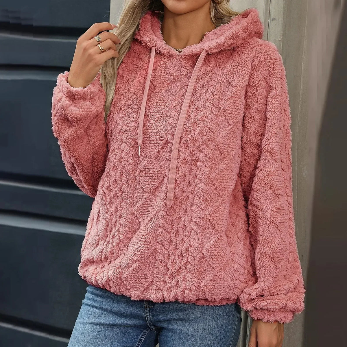 Women Trendy Ribbed Knit Sweatshirt Fuzzy Warm Long Sleeve Hooded Sweatshirts Ladies Oversize Knit Soft Hoodie Women Clothing