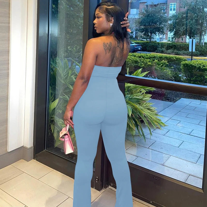Hugcitar 2025 Spring Halter Solid Sleeveless Backless Sexy Bodycon Flare Pants Jumpsuit Women Casual Rompers Streetwear Festival