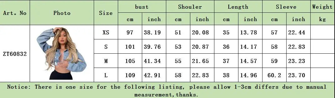 2023 Autumn New Long Sleeve Ripped Jacket Fashion Sexy Short Jeans Coat Casual Clothing XS-L