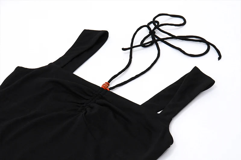 WhereMery Summer Women Black Slim Halter Tank Top Y2K Sexy Square-neck Pleated Backless Crop Tops Casual Sleeveless Bodycon Vest