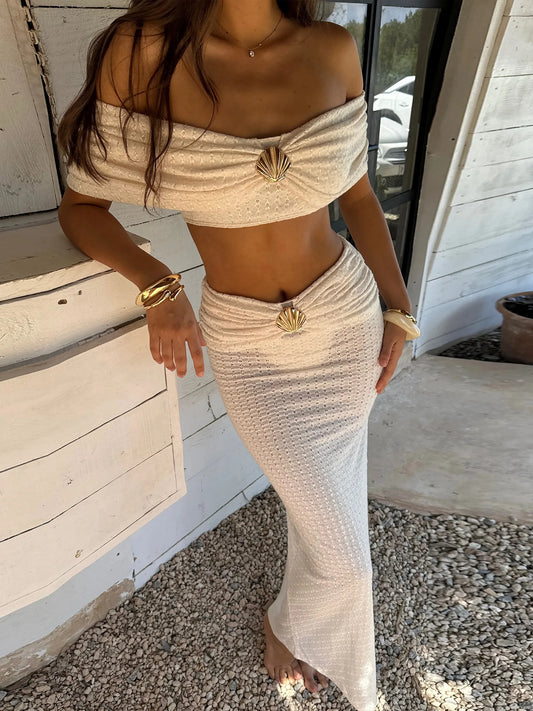 Elegant Solid Color Drop Shoulder Top With Half Skirt Bikini Set 3 Piece Swimsuit Beach Vacation Biquini Bathing Suit C34