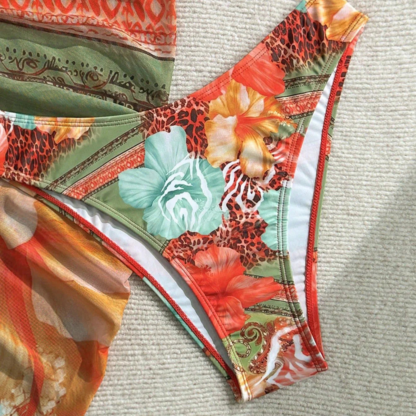 Orange Flower Print Swimwear Halter String Triangle Bikinis Sets 3 Piece Cover Ups Sexy Swimsuit Women 2026 Beach Wear Bikini