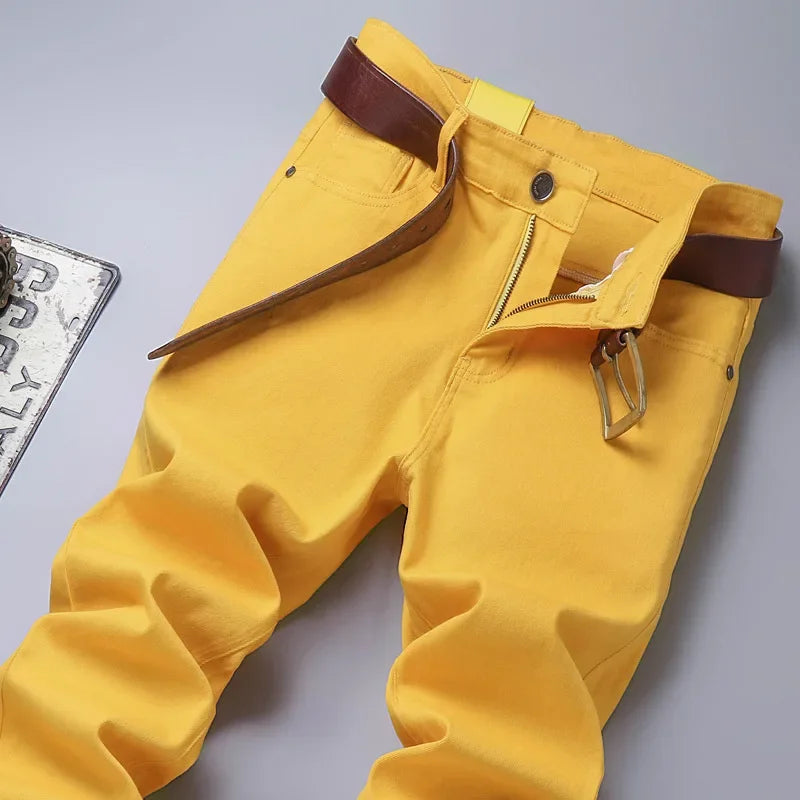 White Yellow Pink fashion 5 Color Men's Cotton Casual Pants Jeans Slim Straight Solid Color Business Trousers Four Seasons Brand