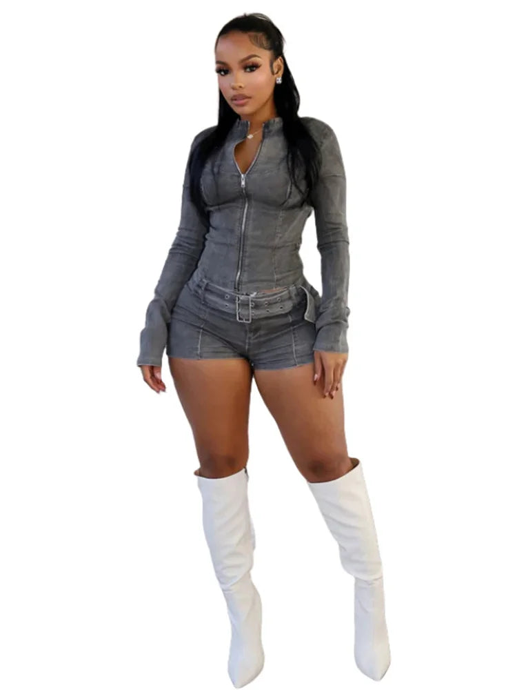 Weird Puss Distressed Denim 2 Piece Set Women Zipper Cardigan Full Sleeve Jacket+Sashes Patchwork Shorts Street Trend Chic Suits