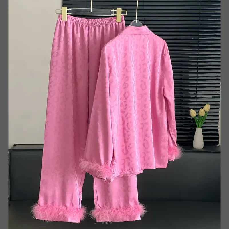 Female 2PCS Pajamas Set Spring Autumn Feathers Long Sleeve Trouser Suits Sleepwear Fashion Sexy Rayon Hot Pink Leopard Homewear