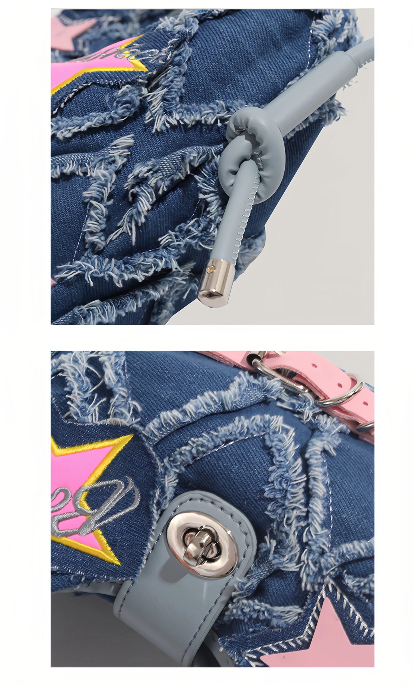 y2k Hot Girl style pink five-pointed star applied-designed fringed jeans crossbody bag A-DH