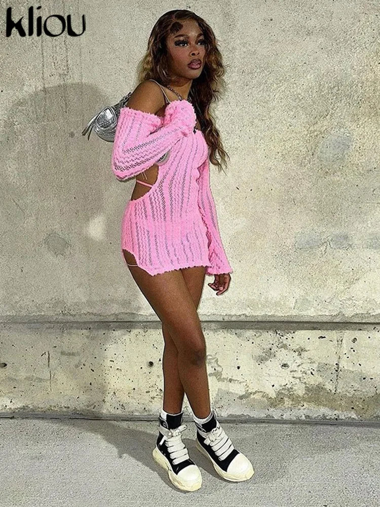 kliou Stunning Autumn Mini Dress ladies Sexy Solid Backless Slash Neck Long Sleeve Ruched Slim Robe Street Party Vestidos