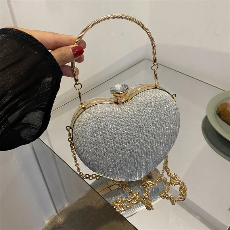 Evening Clutch Bag For Women Shiny Heart Shape Metal Clutch Chain Shoulder Purse