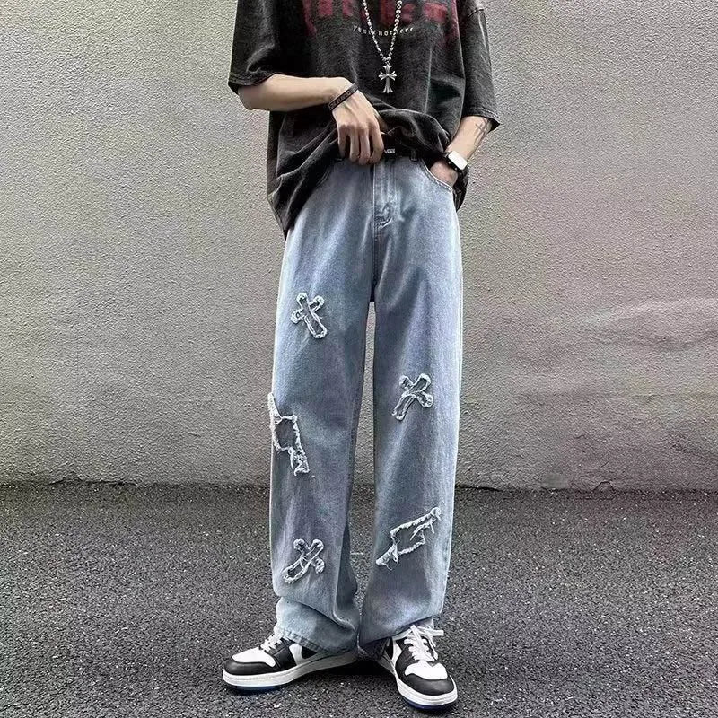 Straight Leg Denim Jeans Male New Fashion Casual Loose High Street Y2k Pants New Wide Leg Hip Hop Black Blue Pants