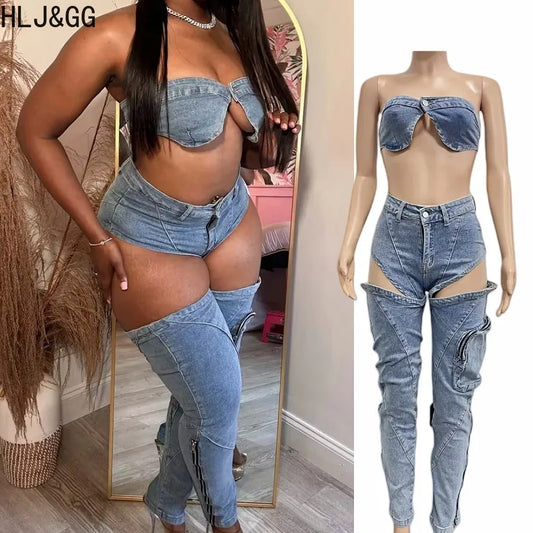HLJ&GG Sexy jeans, Sleveless Hollow Out 2 Piece Sets Outfit Women Bikini Tops And Cargo Jean Pants Suits 2025 Cowboy Streetwear