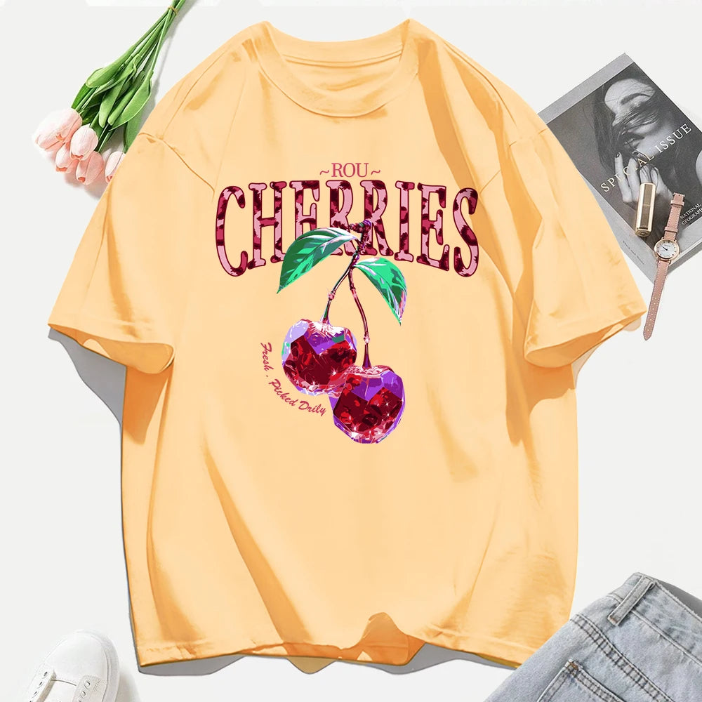 Crystal Cherries Printing Tee Shirt Woman Summer Cotton Tee Tops O-Neck Casual T Shirts Oversized All-Match Short Sleeve