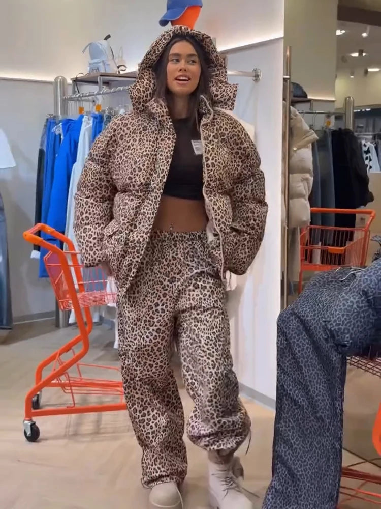 Casual Leopard Printed Hooded Puffer Jacket Pants Set Oversized Zip Up Warm 2026 Winter Women Outdoor Outfit Streetwear Suits