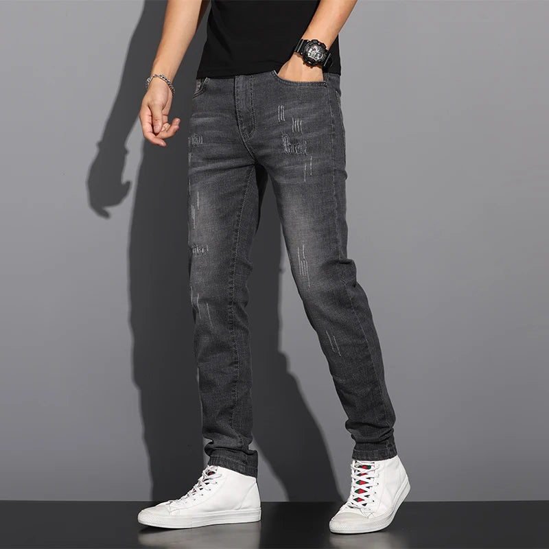 2025 Summer Thin Jeans Men's Korean Edition Fashion Trend Straight Leg Shorts Embroidered Cowboy Pants Black Blue Grey