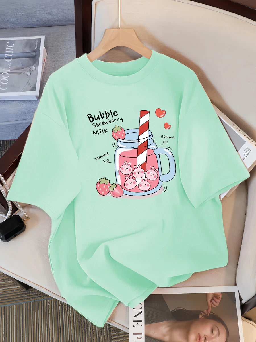 Delicious Strawberry Beverage Print Women T Shirt Summer Breathable Tee Cotton Street Clothing Casual Sport Cool Short Sleeve