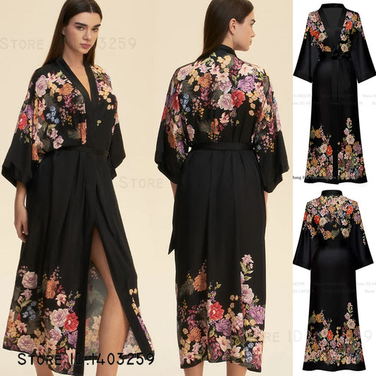 Plus Size Print Flower Long Robe Kimono Gown New Female Sleepwear Bathrobe Home Dress Loose Silky Satin Night Clothes Loungewear
